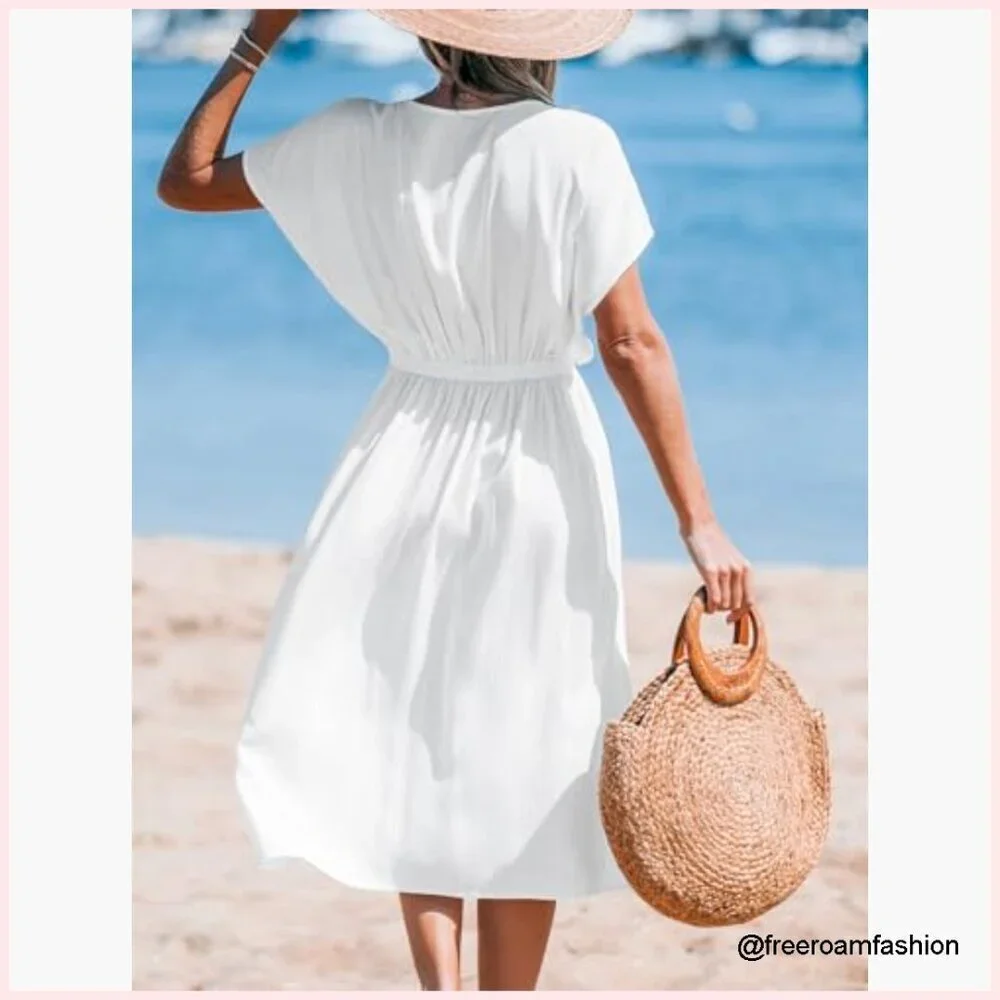 V-Neck Short Sleeve Midi Coverup Dress, 100% Rayon, Loose Fit, Beach Vacation